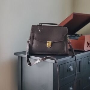 Classic Dark Brown Leather Satchel Bag with Gold Hardware